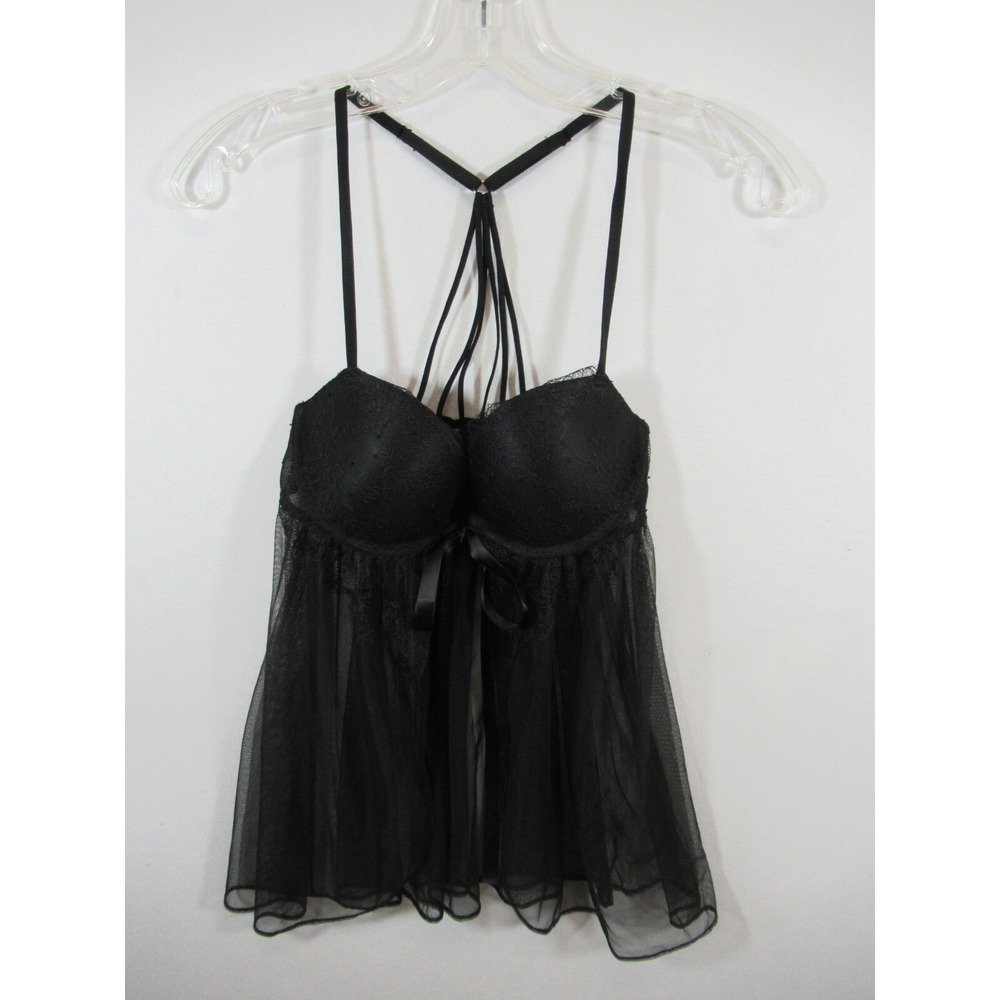 Victoria's Secret Mesh Babydoll Chemise 34C Black Underwire Push Up Ribbon Sexy